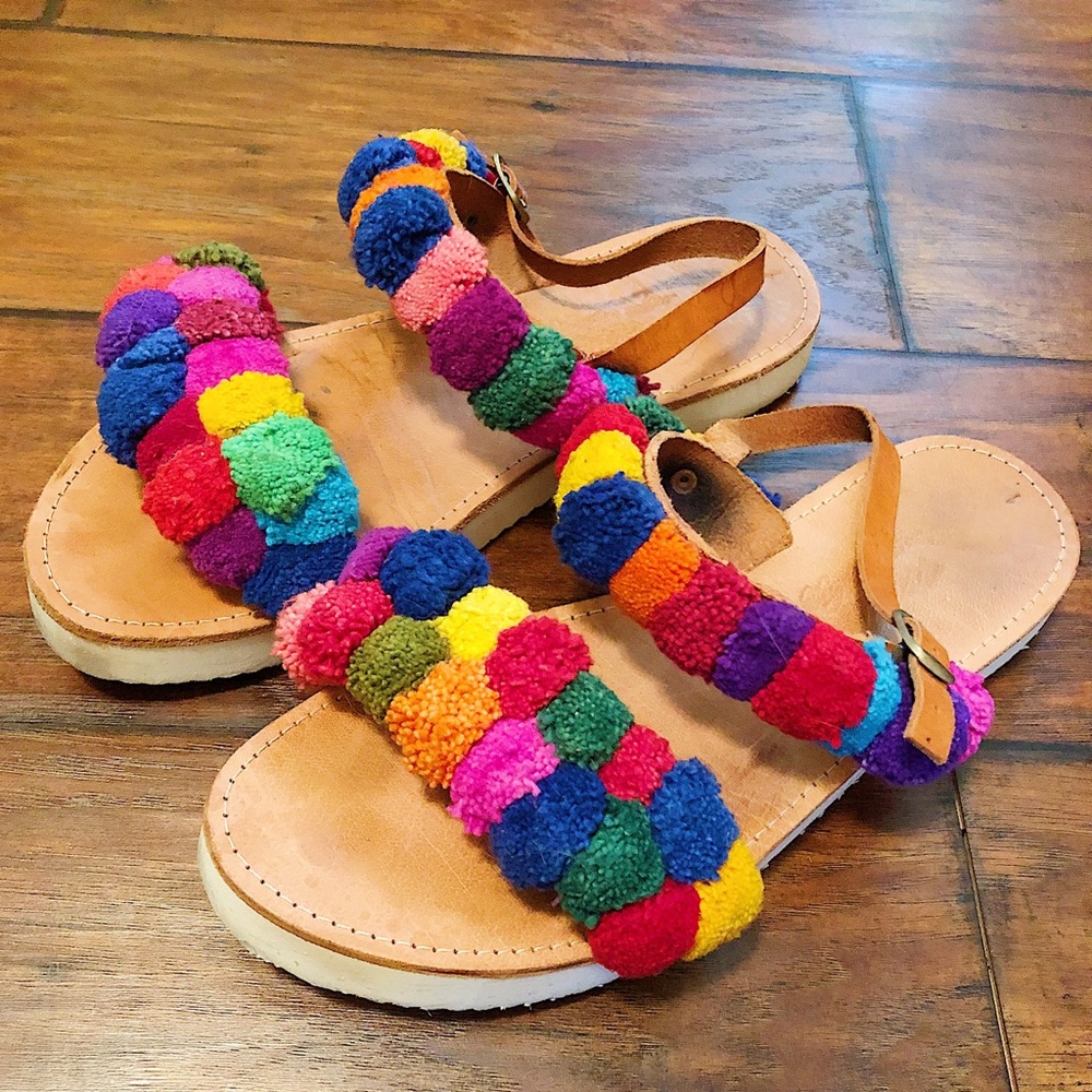 Pom Pom Leather Platform Sandal